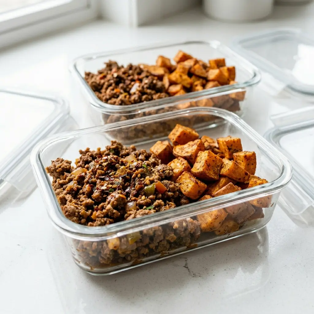 Glass containers filled with beef and sweet potatoes