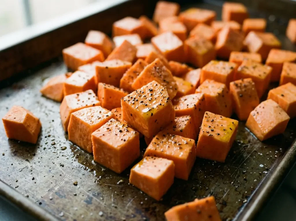 Raw sweet potatoes cubed on a metal baking pan