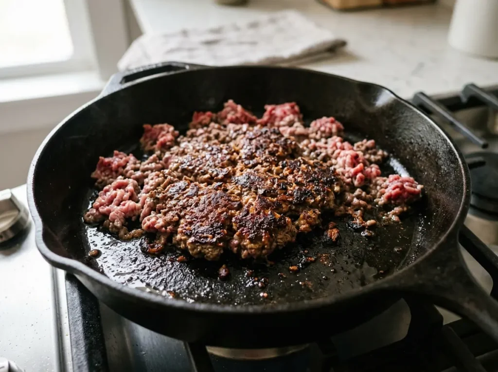 Ground beef searing in a pan with a dark crust