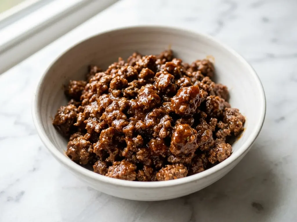 Glossy taco meat coated in thick dark seasoning