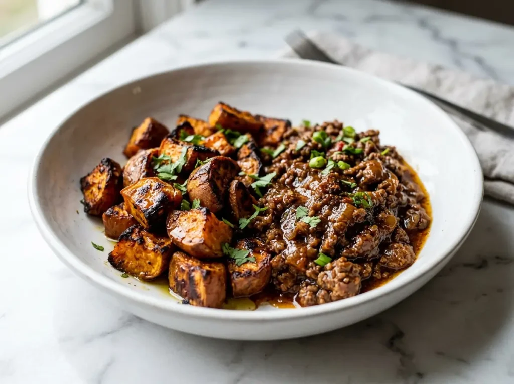 Hot sweet potatoes and beef assembled in a shallow white bowl