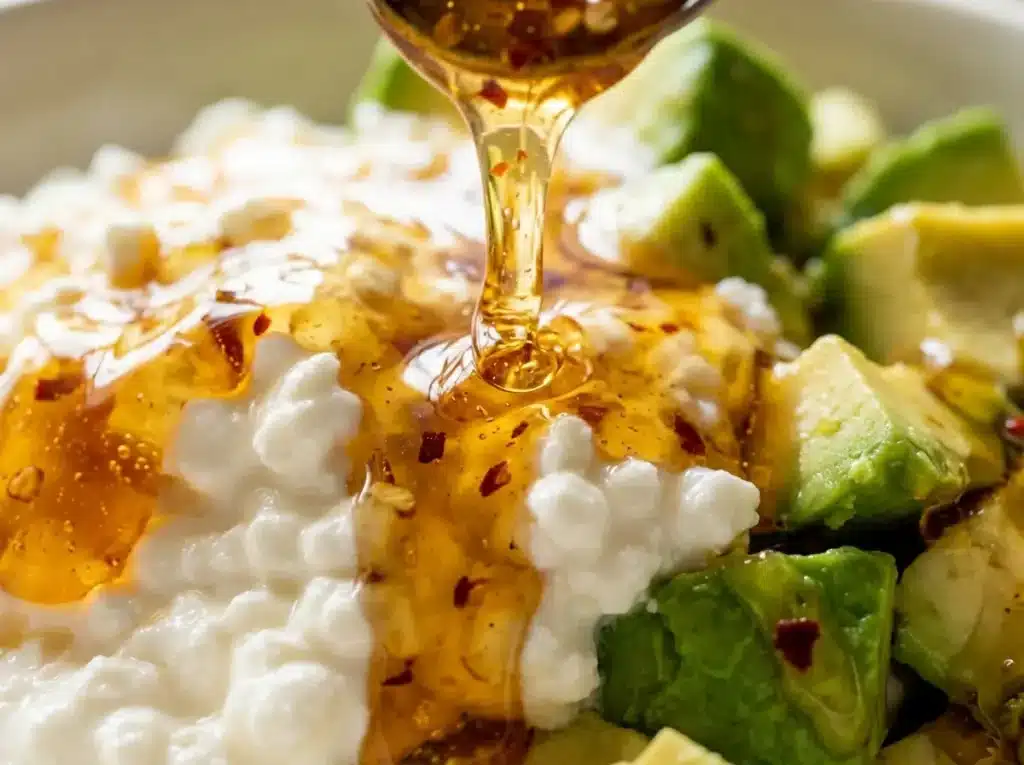 Drizzling hot honey onto cold cottage cheese