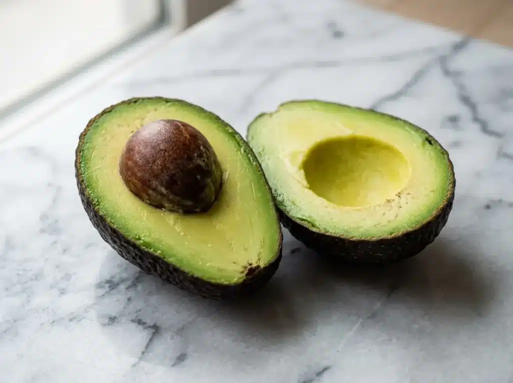 10 Best Fruits for Weight Loss That Actually Deliver Results 7 Close-up of a halved avocado showing green flesh and pit on marble