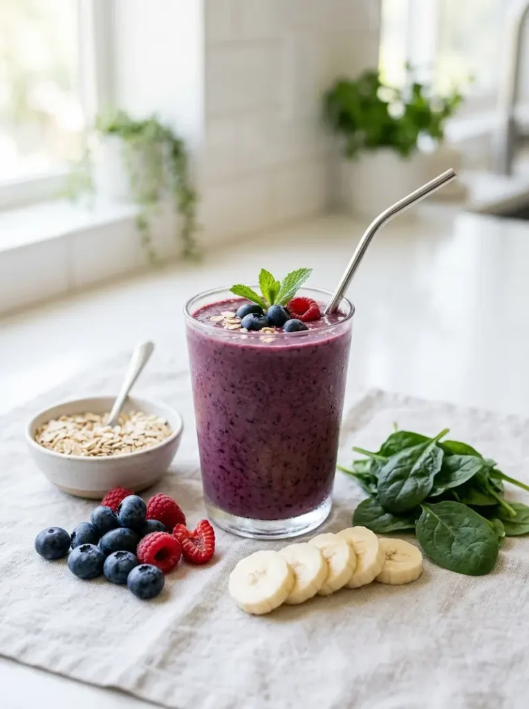  berry spinach smoothie with banana blueberries and oats for breakfast