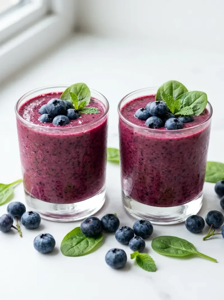 two berry spinach smoothies on a clean white surface