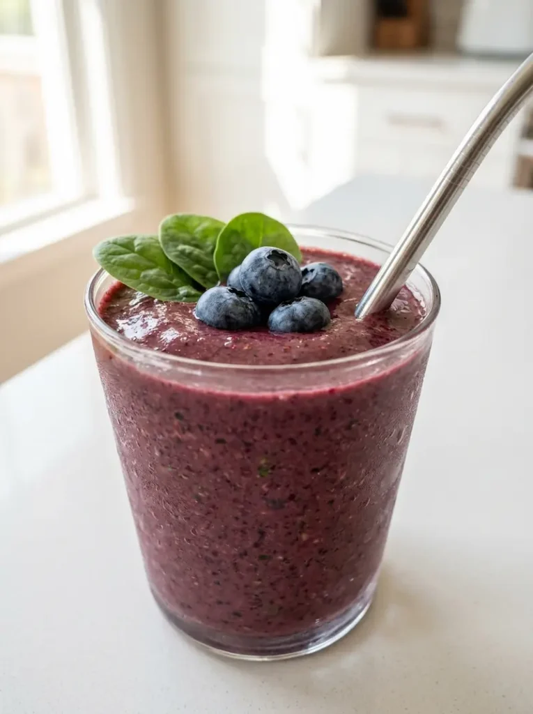 finished berry spinach smoothie served in a clear glass