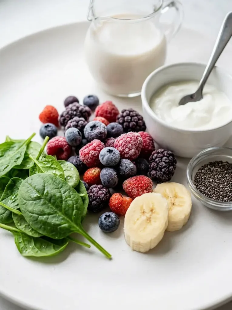 berry spinach smoothie ingredients with berries, spinach, yogurt, and almond milk