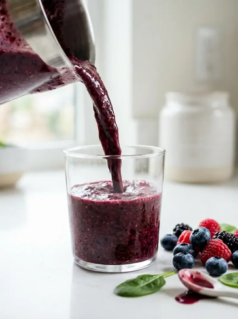 thick berry spinach smoothie being poured into a glass