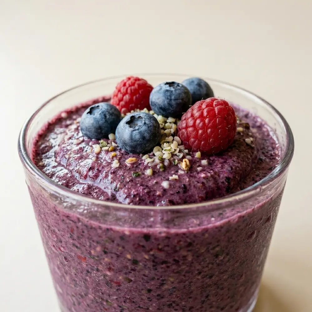 close-up of thick creamy berry spinach smoothie texture