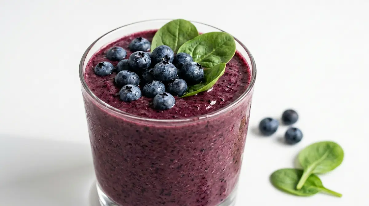 berry spinach smoothie in a clear glass with fresh blueberries and spinach