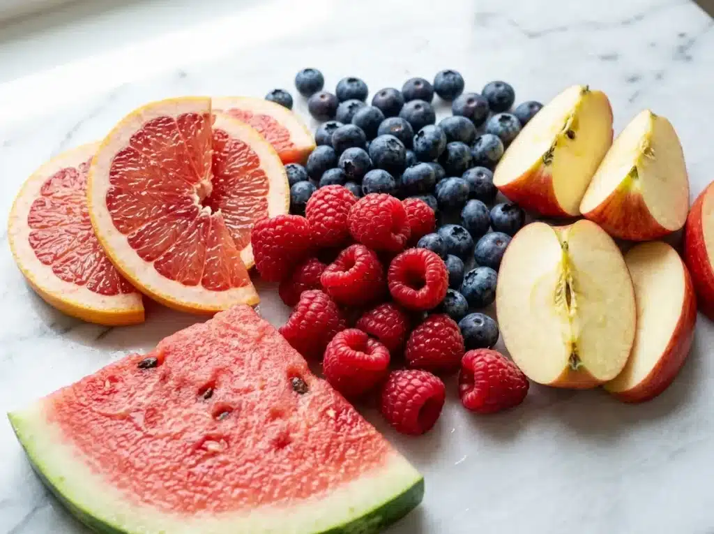 Close-up of colorful fresh fruits arranged on a white marble surface