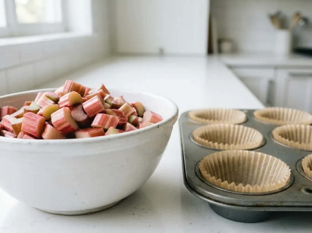 Chopped rhubarb in a bowl next to a lined muffin pan Chopped rhubarb in a bowl next to a lined muffin pan