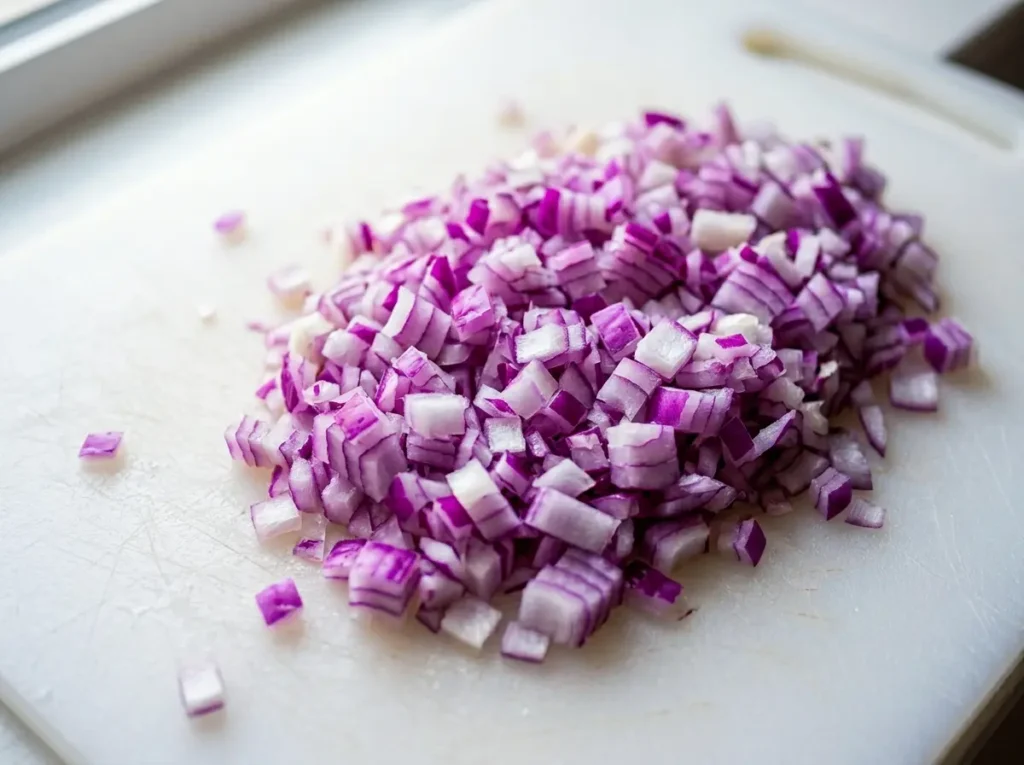 Close-up of finely diced red onion on a white cutting board