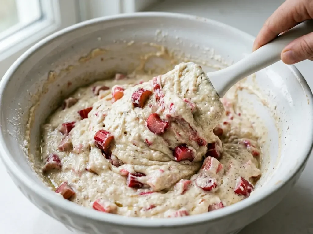 Folding Rhubarb into Muffin Batter Folding chopped rhubarb into thick muffin batter with a spatula