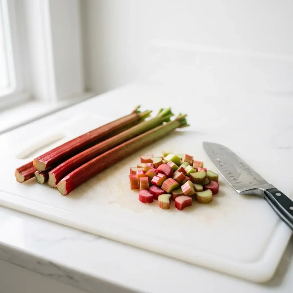 Fresh Rhubarb Stalks and Chopped Pieces Fresh rhubarb stalks and chopped pieces on a white cutting board