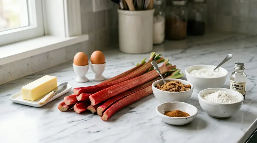 Fresh rhubarb stalks and coffee cake ingredients including sour cream, butter, eggs, cinnamon, and sugar arranged on a white marble surface
