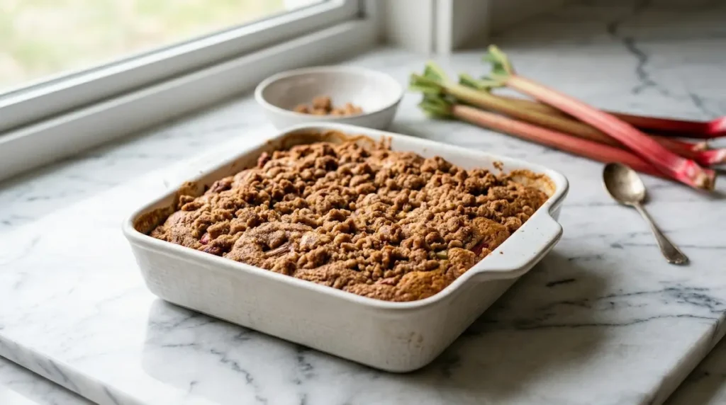 Freshly baked rhubarb coffee cake with deep golden brown cinnamon crumb topping in a white ceramic pan on a marble countertop