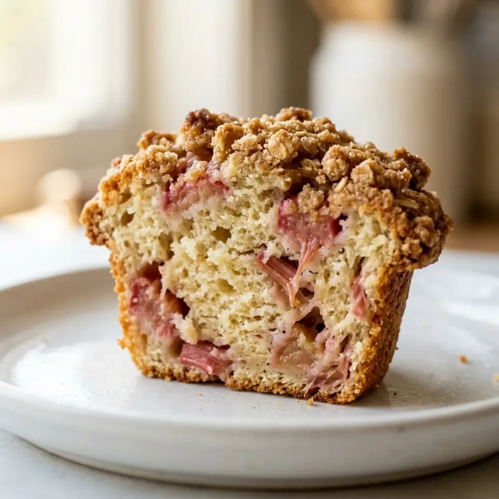 Inside Texture of a Rhubarb Muffin Close-up of a halved rhubarb muffin showing moist crumb and pink fruit