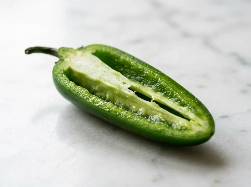 Close-up of halved jalapeño with seeds removed