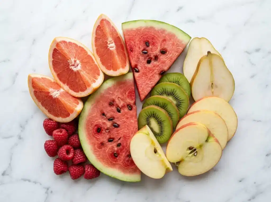 10 Best Fruits for Weight Loss That Actually Deliver Results 8 Colorful fresh fruit flat lay on white marble
