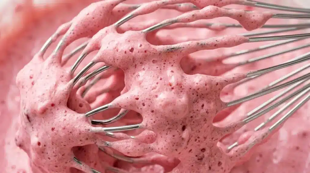 A side-profile close-up of a clear glass filled with vibrant red and pink creamy yogurt fluff.