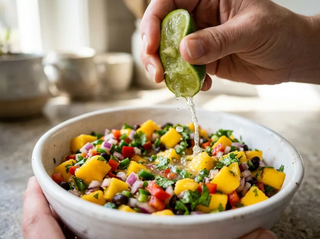 Close-up of lime juice being squeezed over mango salsa
