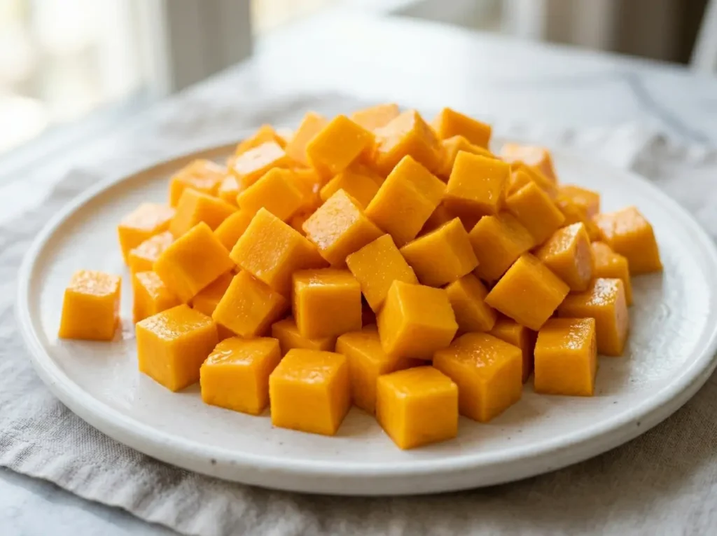 Close-up of mango cubes cut to 1/2 inch pieces