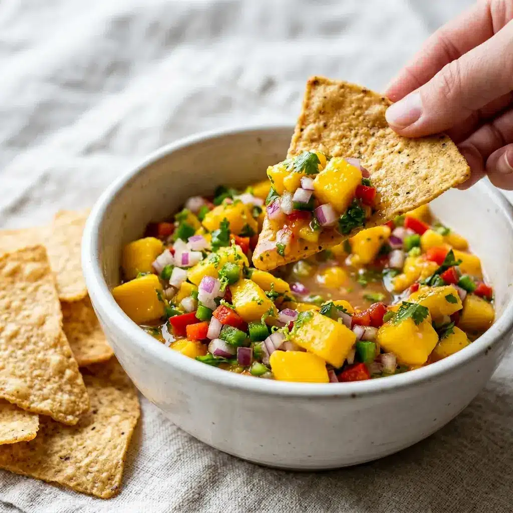 Close-up of mango salsa stored in a glass container