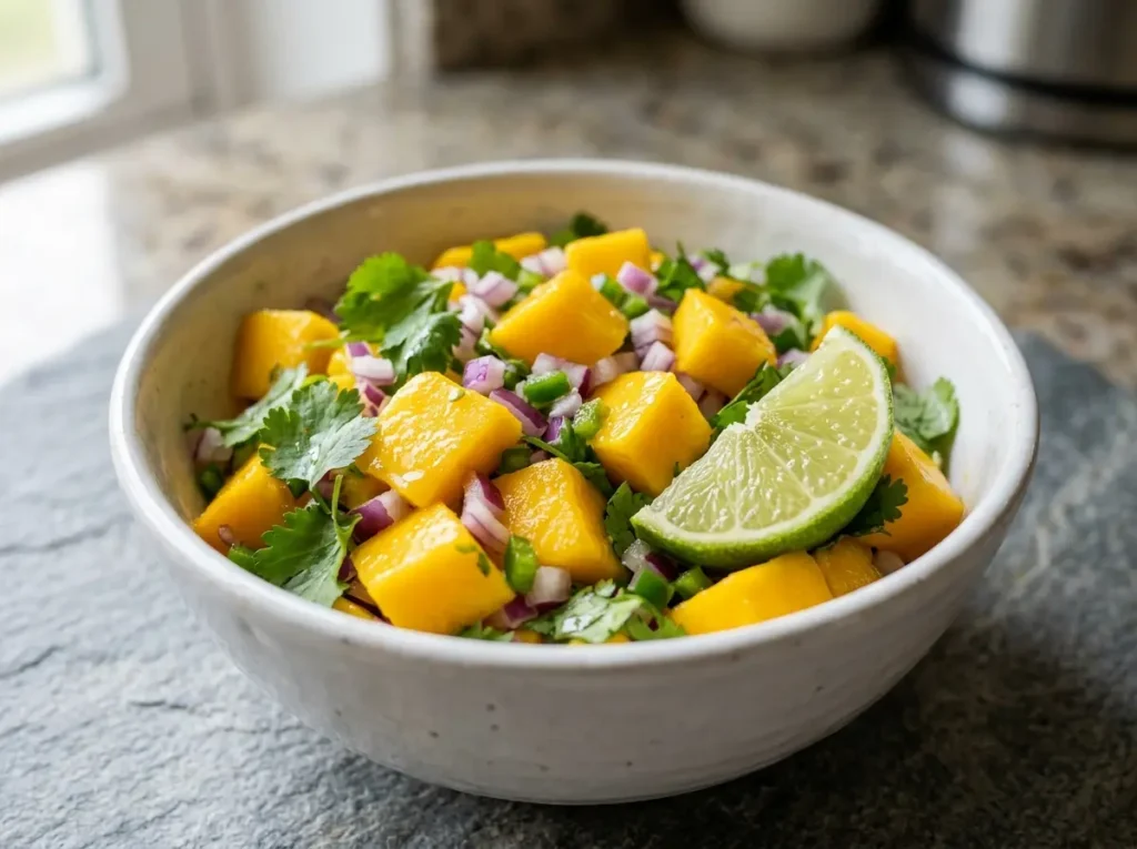 Close-up of chunky mango salsa in a white bowl with cilantro and lime