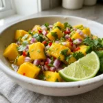 Close-up of chunky mango salsa in a white bowl with cilantro and lime