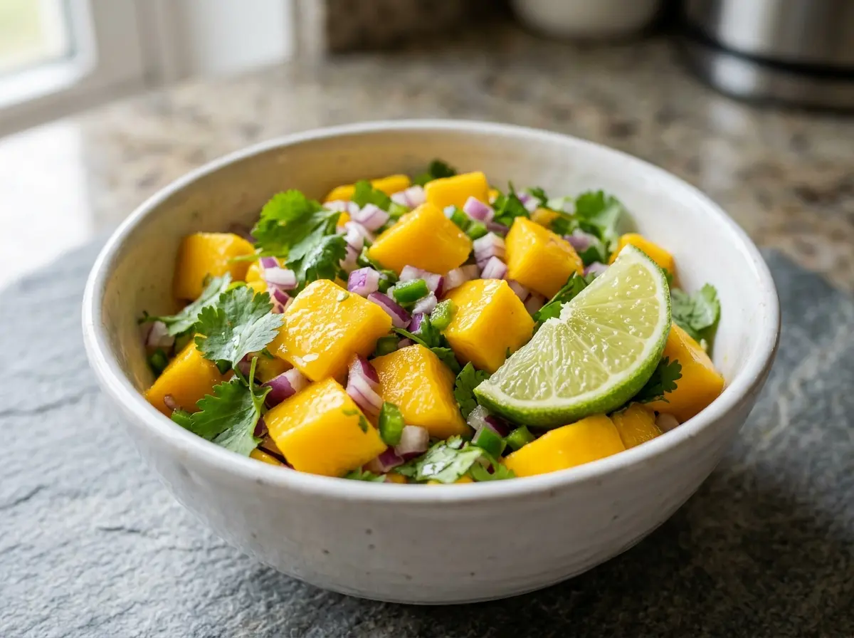 Close-up of chunky mango salsa in a white bowl with cilantro and lime