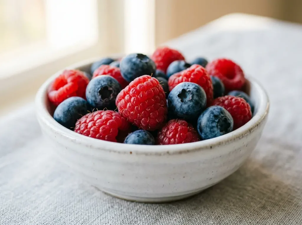 10 Best Fruits for Weight Loss That Actually Deliver Results 2 Close-up of fresh raspberries and blueberries in a white bowl