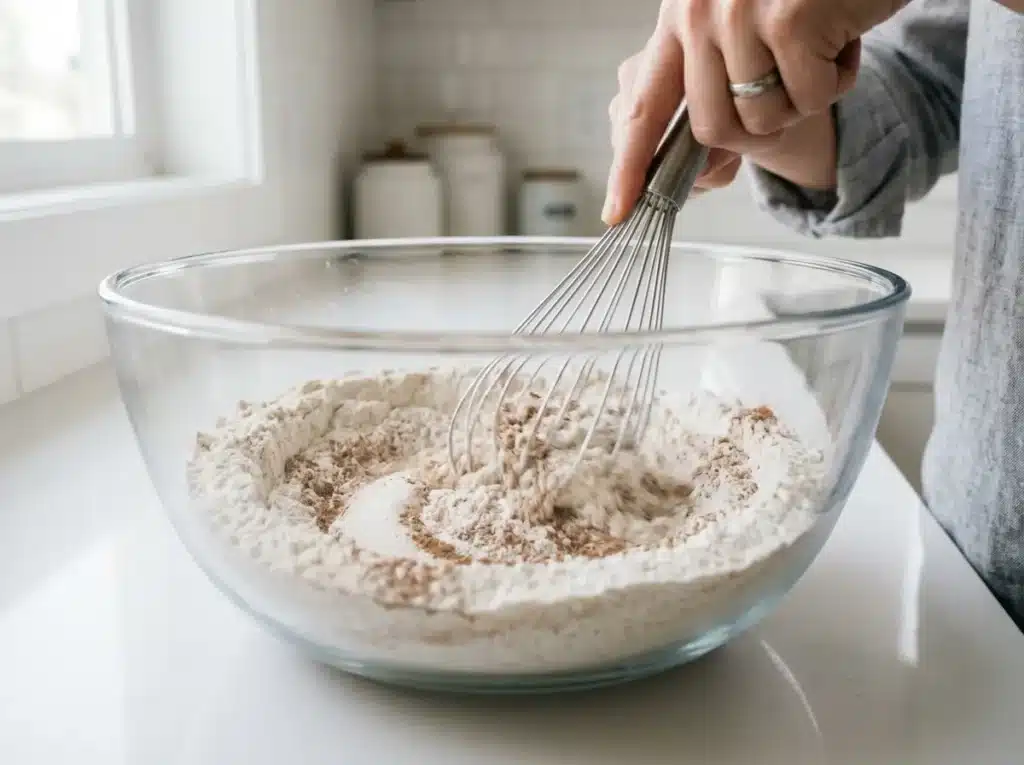 Mixing Dry Ingredients for Rhubarb Muffins Whisking dry muffin ingredients together in a glass bowl