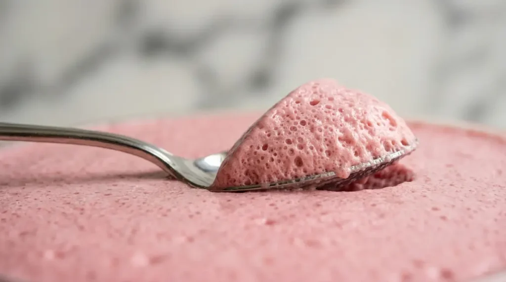 Thick white Greek yogurt actively swirling into bright pink sugar-free liquid gelatin