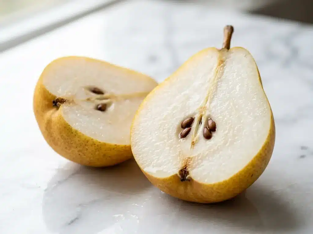 10 Best Fruits for Weight Loss That Actually Deliver Results 6 Close-up of a sliced ripe pear on white marble showing flesh and skin