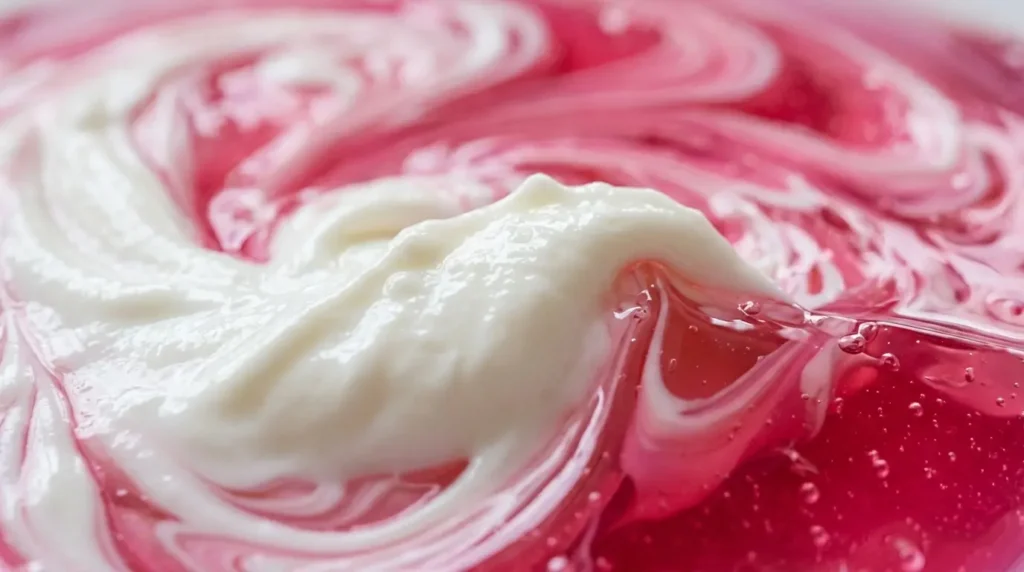 A close-up of fresh red raspberries resting on a bed of light pink yogurt fluff.