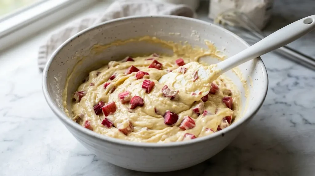 White ceramic mixing bowl with thick pale yellow cake batter and fresh pink rhubarb pieces folded in with a rubber spatula on a marble counter