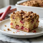 A square slice of rhubarb coffee cake with golden cinnamon crumb topping on a white ceramic plate with fresh rhubarb stalks in the background