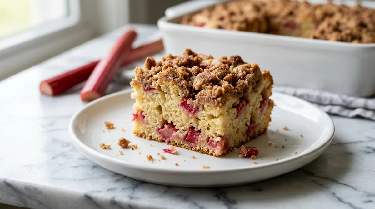 A square slice of rhubarb coffee cake with golden cinnamon crumb topping on a white ceramic plate with fresh rhubarb stalks in the background
