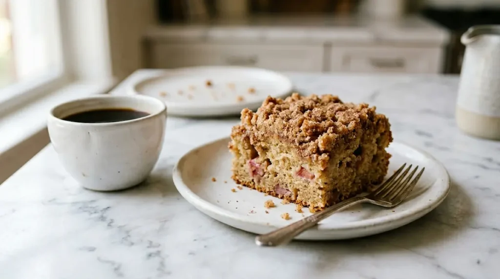White plate with a rhubarb coffee cake slice beside a small cup of black coffee and a fork on a white marble surface