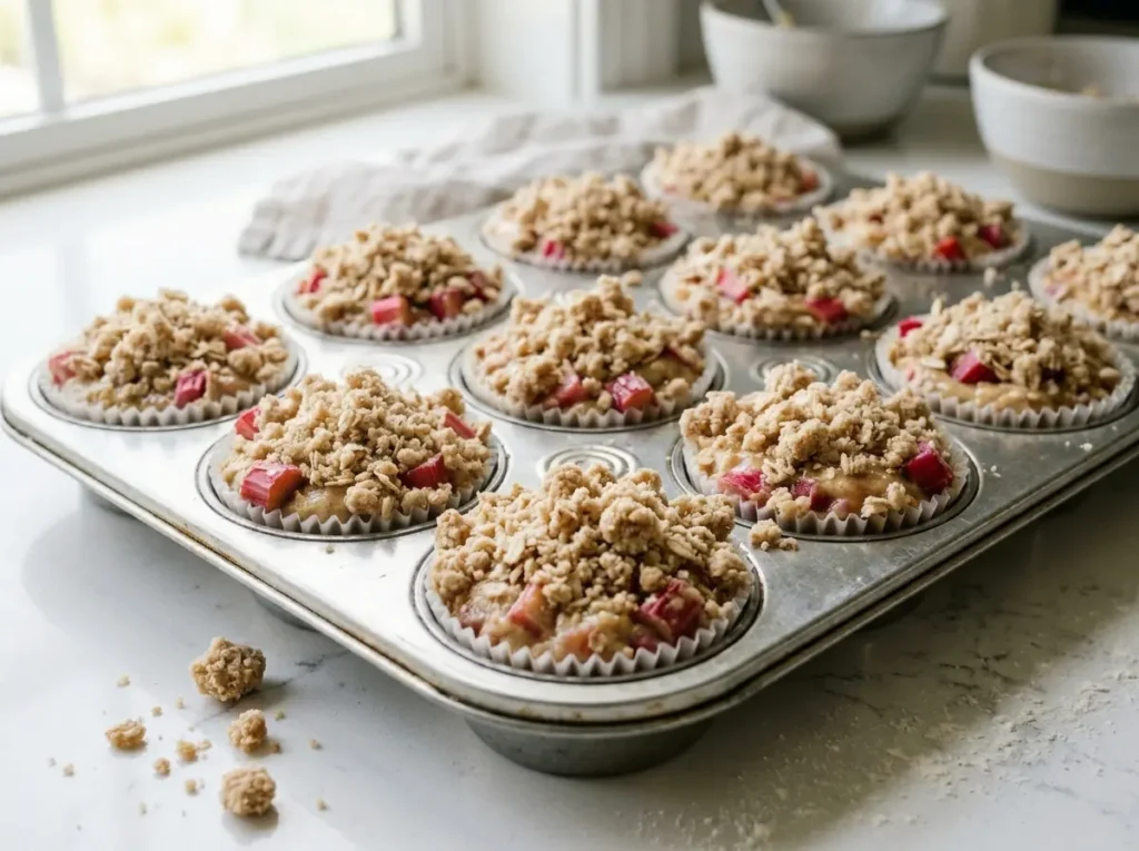 Rhubarb Muffin Batter in Pan Ready to Bake Muffin pan filled with rhubarb muffin batter and crumb topping