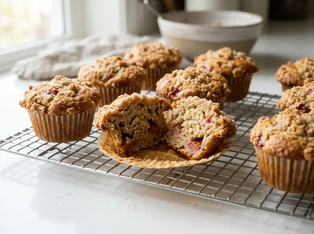 Rhubarb Muffins Cooling on Rack Rhubarb muffins cooling on a metal rack, one split open