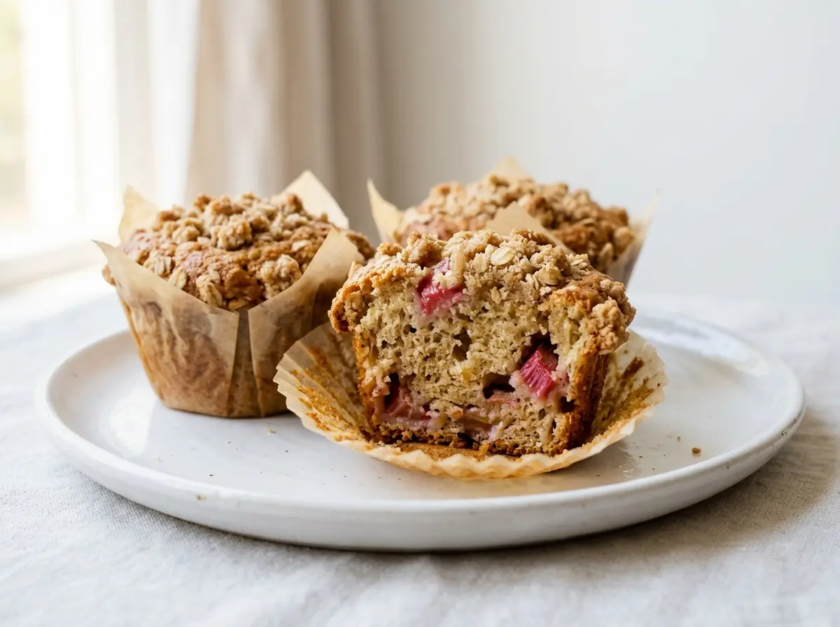 Easy Rhubarb Muffins (Bakery-Style, Super Moist) 2 Close-up of bakery-style rhubarb muffins with crumb topping on a white plate