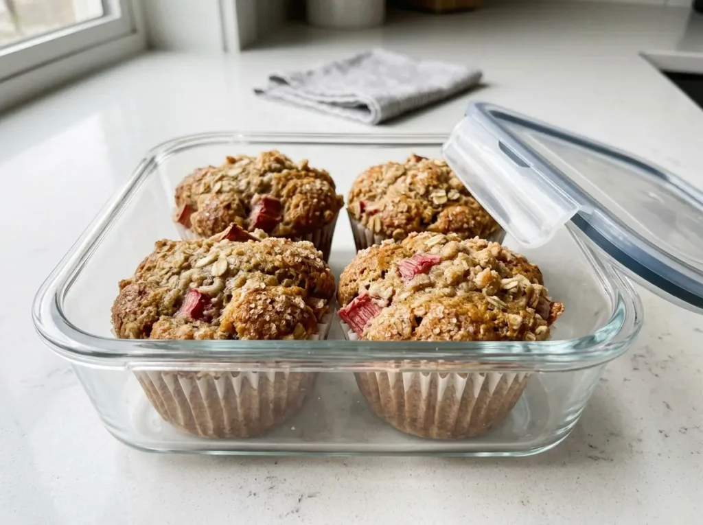 Rhubarb Muffins in Storage Container for Meal Prep Rhubarb muffins packed in a clear container for storage