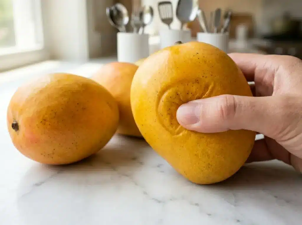 Close-up of ripe mangoes with one gently pressed to show softness