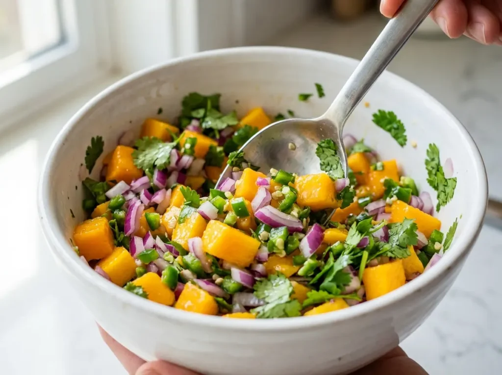 Close-up of mango, onion, jalapeño, and cilantro in a bowl