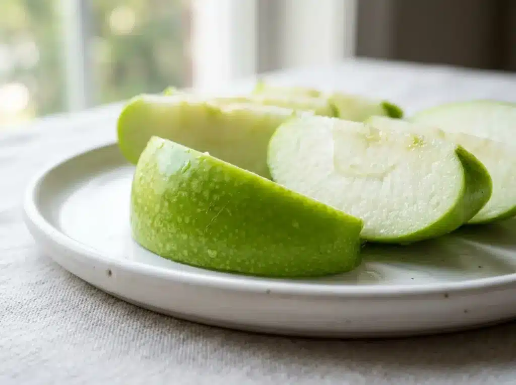 10 Best Fruits for Weight Loss That Actually Deliver Results 4 Close-up of apple slices fanned on a white plate, skin visible