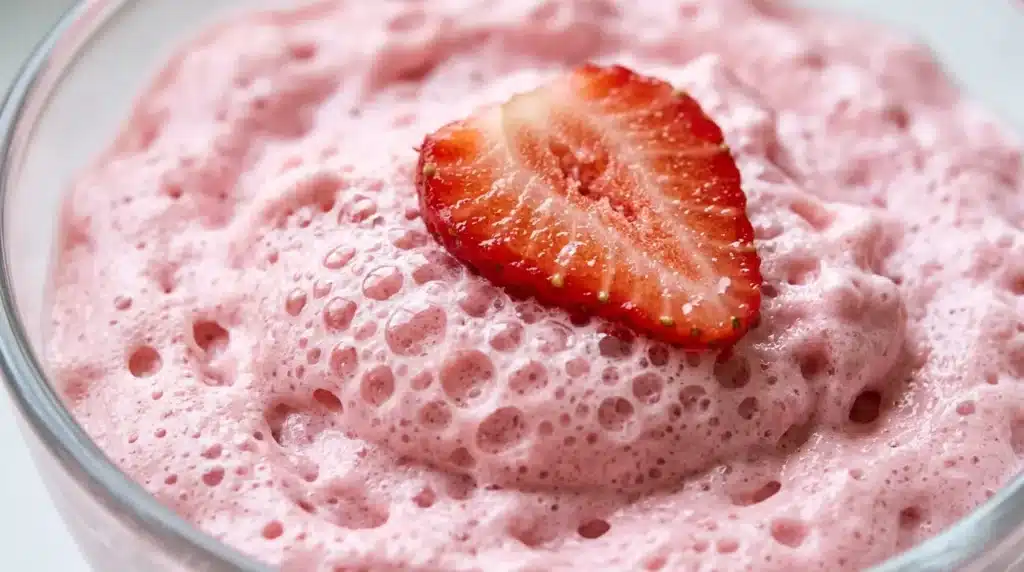 A silver dessert spoon scooping into a thick, airy pink yogurt mousse, showing the creamy texture.