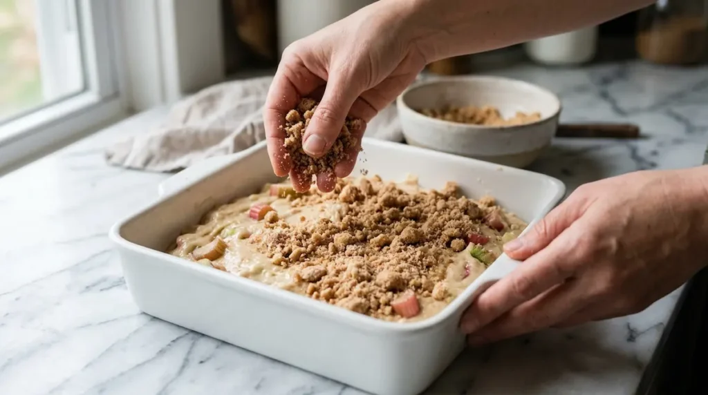 Hands sprinkling coarse golden cinnamon crumb topping over unbaked rhubarb coffee cake batter in a white ceramic baking pan on marble