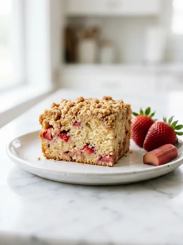A slice of strawberry rhubarb coffee cake on a white plate showing red strawberry and pink rhubarb pieces inside the soft crumb with golden crumb topping